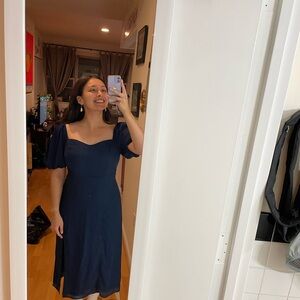 Elegant Abercrombie Navy Blue Puff Sleeve Midi Dress